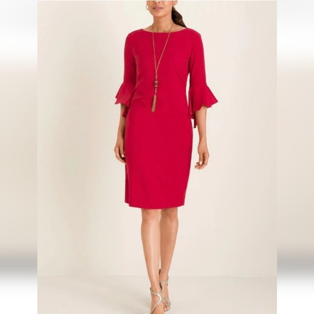 Chico's 0 Ruffle Sleeve Satin Midi Dress Holiday Christmas Holly Red Sz 4 Small